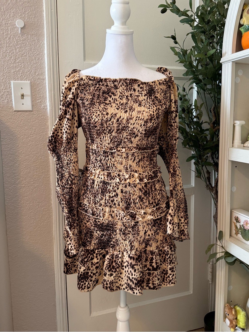 Leopard Print Long-Sleeve Smocked Dress - Beige/Brown
